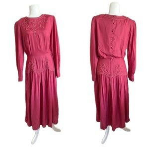 Vintage 90s Styleworks Red Western Drop Waist Pleated Midi Dress Womens Size 12